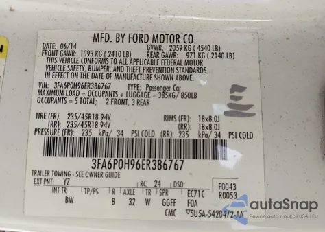 2014 Ford Fusion Se из США, поврежденный, VIN 3FA6P0H96ER386767